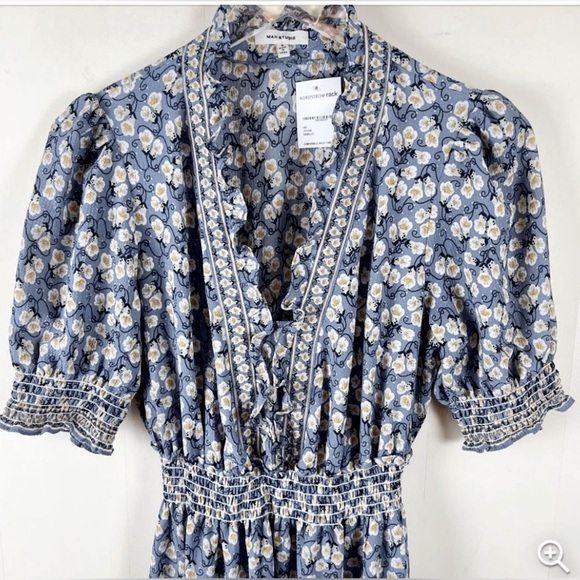 NWT Max Studio Ruffle Collar Print Tiered French Blue/Marigold Floral Maxi Dress - Picture 4 of 9